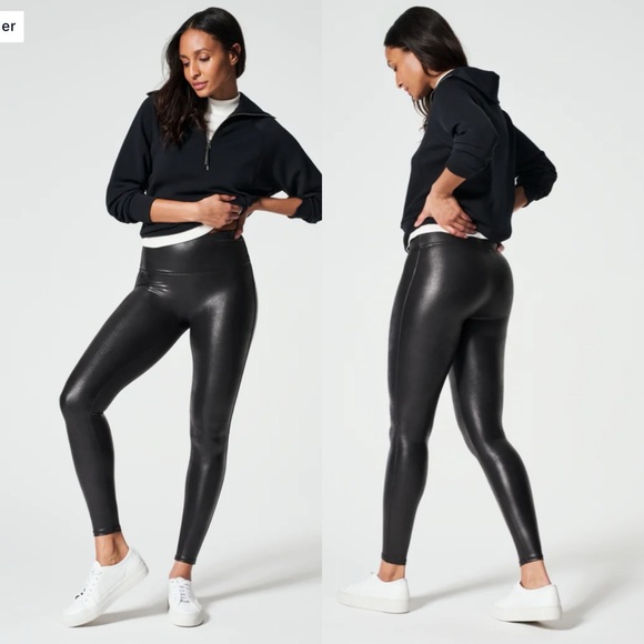 Spanx Shiny Faux Leather Leggings in Black Size Large Petite - Picture 1 of 10